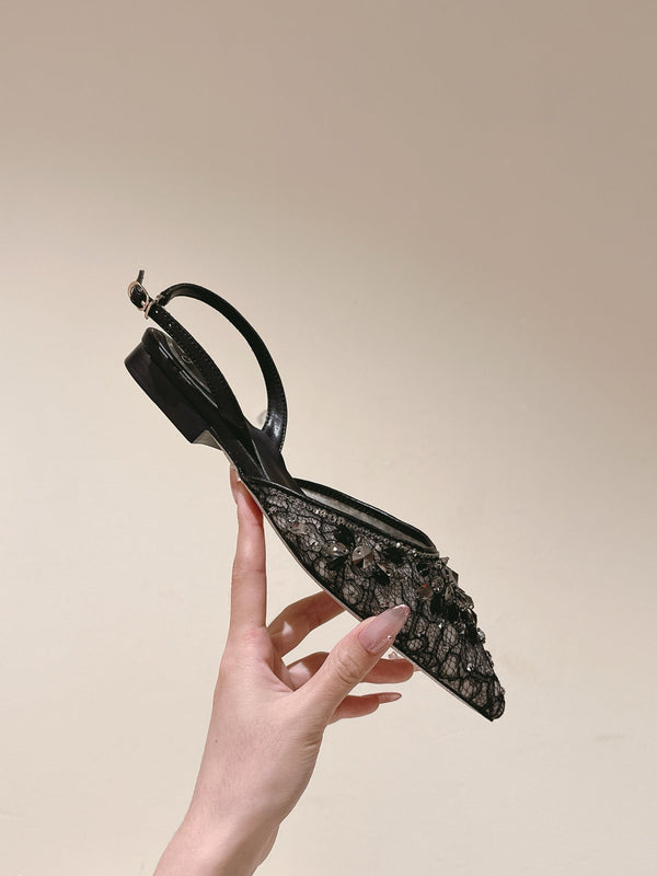 RC 25 Diamond Lace High Heeled Sandals Black Sheepskin 268055