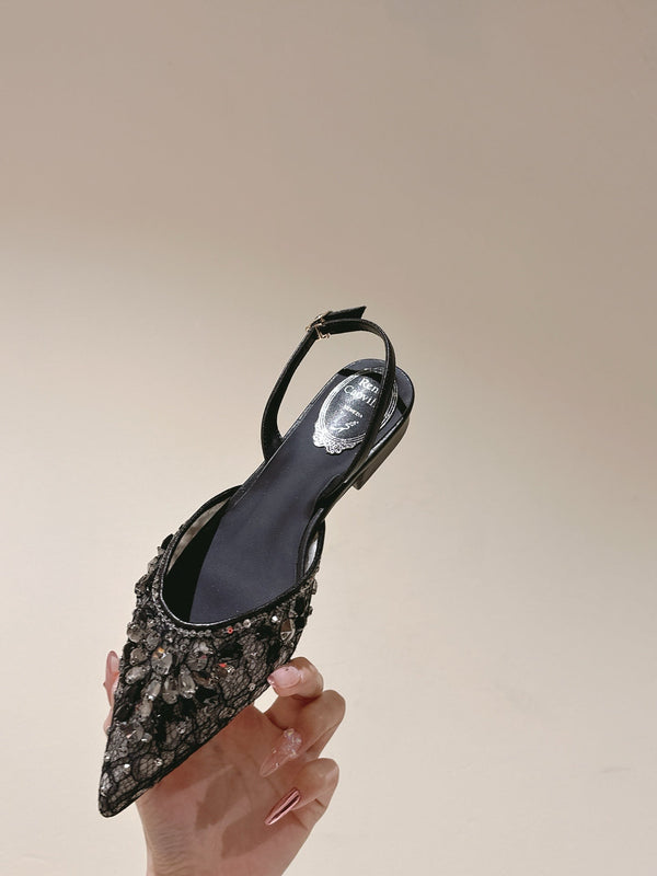 RC 25 Diamond Lace High Heeled Sandals Black Sheepskin 268055