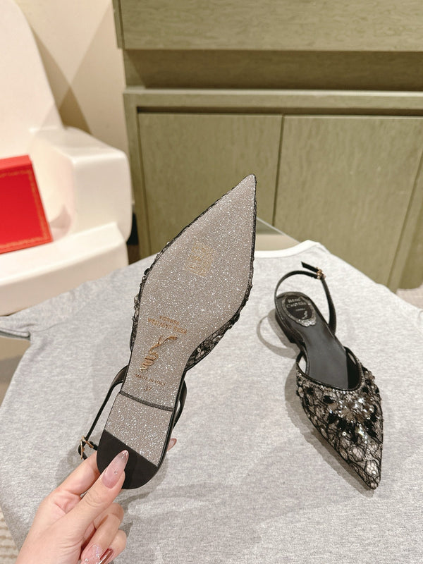 RC 25 Diamond Lace High Heeled Sandals Black Sheepskin 268055