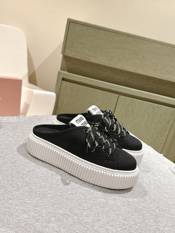 Miu Miu Biscuit Shoes Platform Mules Black Denim Canvas 532872