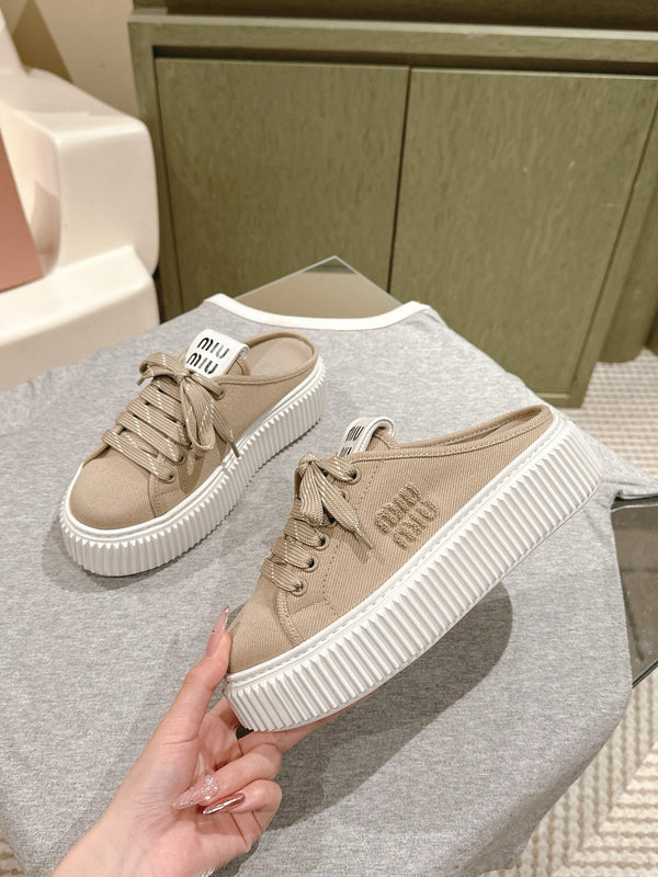 Miu Miu Biscuit Shoes Platform Mules Beige Denim Canvas 532873