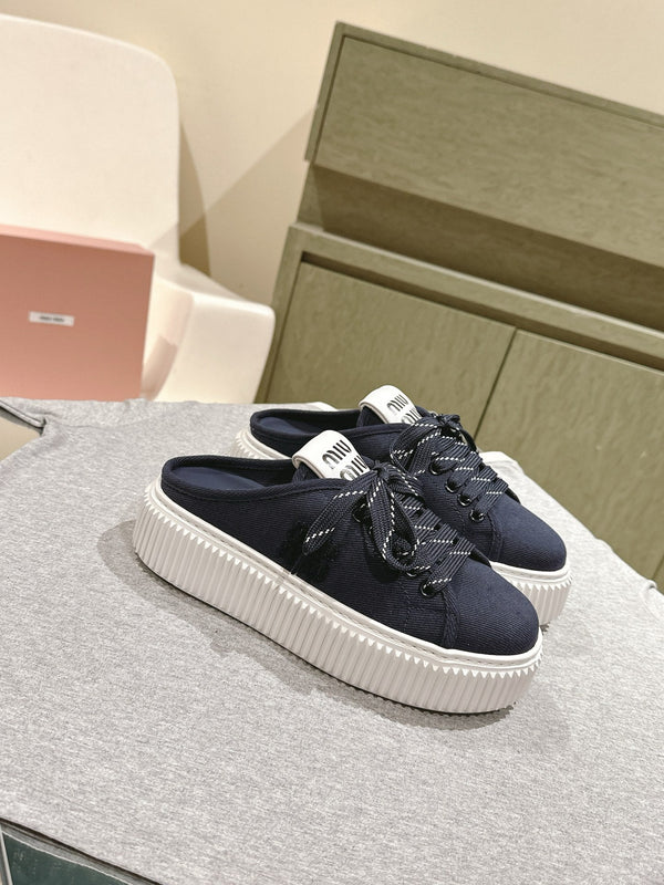 Miu Miu Biscuit Shoes Platform Mules Navy Denim Canvas 532874