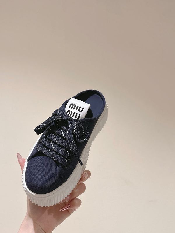 Miu Miu Biscuit Shoes Platform Mules Navy Denim Canvas 532874