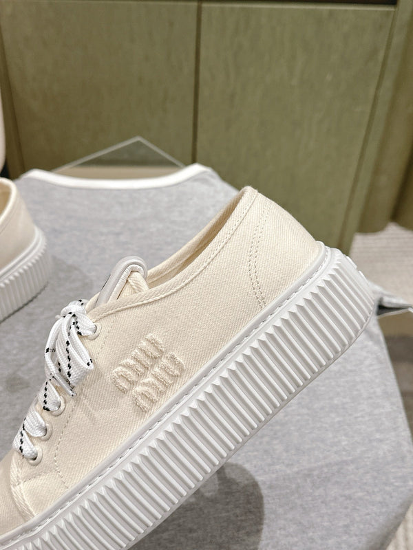 Miu Miu Biscuit Shoes Chunky Sneakers Cream Denim Canvas 532875