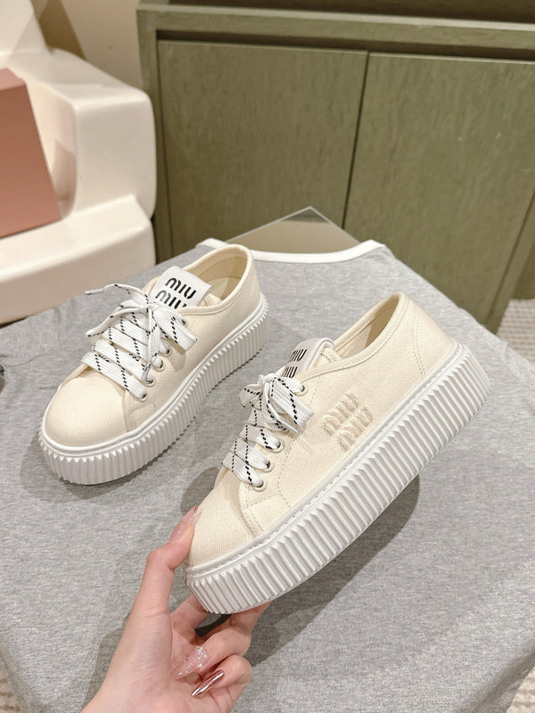 Miu Miu Biscuit Shoes Chunky Sneakers Cream Denim Canvas 532875