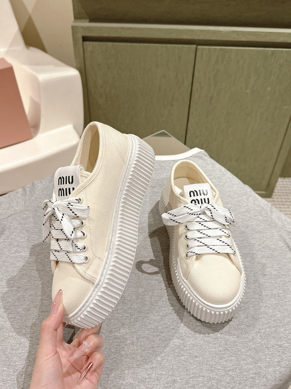 Miu Miu Biscuit Shoes Chunky Sneakers Cream Denim Canvas 532875