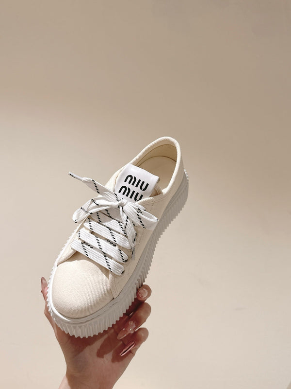 Miu Miu Biscuit Shoes Chunky Sneakers Cream Denim Canvas 532875