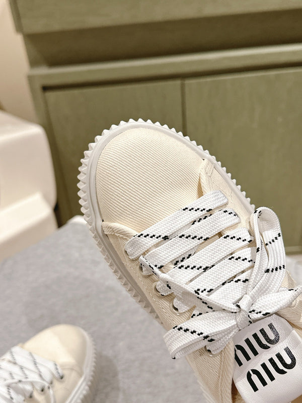 Miu Miu Biscuit Shoes Chunky Sneakers Cream Denim Canvas 532875