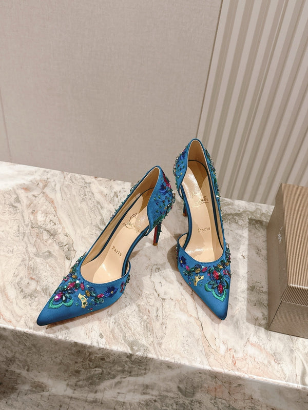COLORFUL EMBROIDERED IRIZA PUMPS 105MM IN AQUA BLUE SATIN