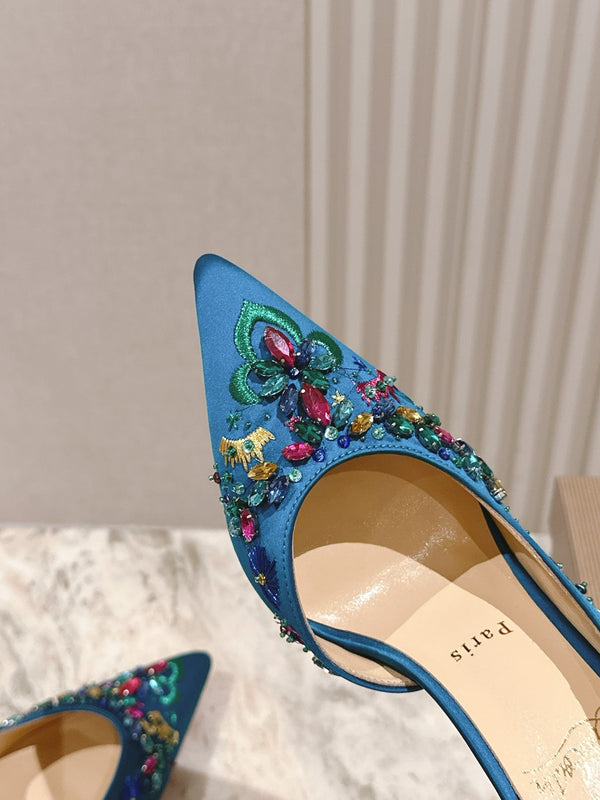 COLORFUL EMBROIDERED IRIZA PUMPS 105MM IN AQUA BLUE SATIN
