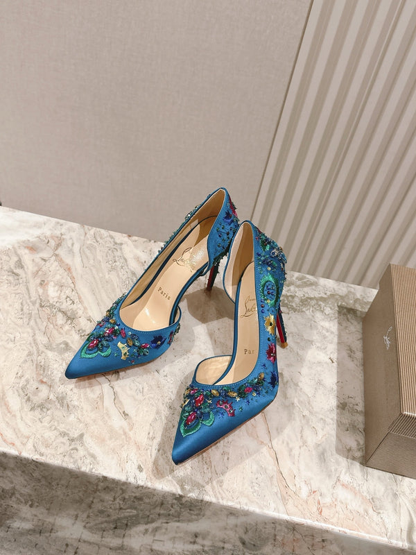 COLORFUL EMBROIDERED IRIZA PUMPS 105MM IN AQUA BLUE SATIN