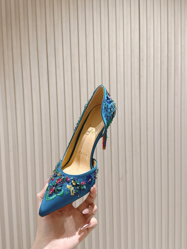 COLORFUL EMBROIDERED IRIZA PUMPS 105MM IN AQUA BLUE SATIN