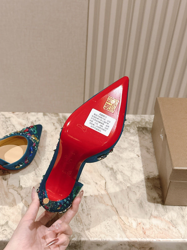 COLORFUL EMBROIDERED IRIZA PUMPS 105MM IN AQUA BLUE SATIN