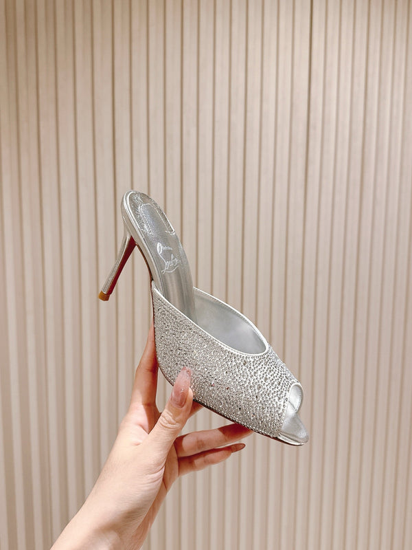 CL 25s Me Dolly Sandal Mule Heel Pump 85mm Sliver Sheepskin 446688