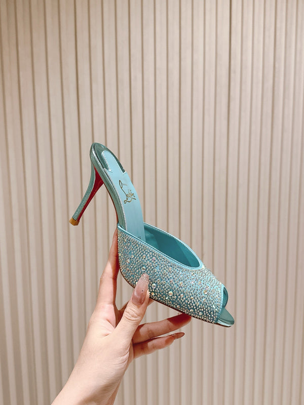 CL 25s Me Dolly Sandal Mule Heel Pump 85mm Blue Sheepskin 446689