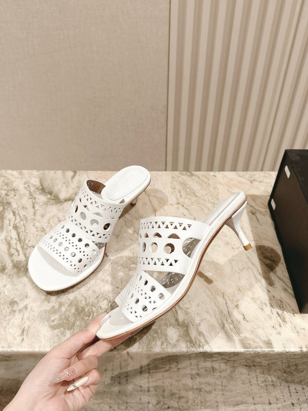 Alaia 2025 Vienne Cutout Kitten-Heel Slide Sandals White Leather 293650