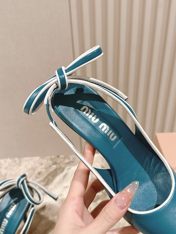 Miu Mordoré Pointed Toe Slingback Pumps 85mm Blue-teal Cowhide Sheepskin 445787