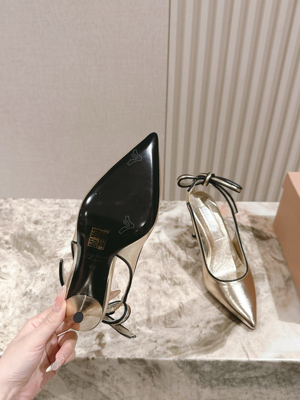 Miu Mordoré Pointed Toe Slingback Pumps 85mm Light Gold Cowhide Sheepskin 445789