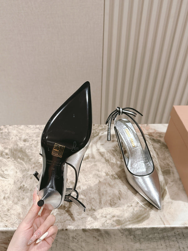 Miu Mordoré Pointed Toe Slingback Pumps 85mm Sliver Cowhide Sheepskin 445790