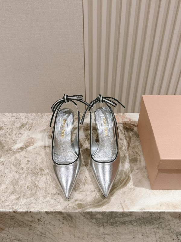 Miu Mordoré Pointed Toe Slingback Pumps 85mm Sliver Cowhide Sheepskin 445790