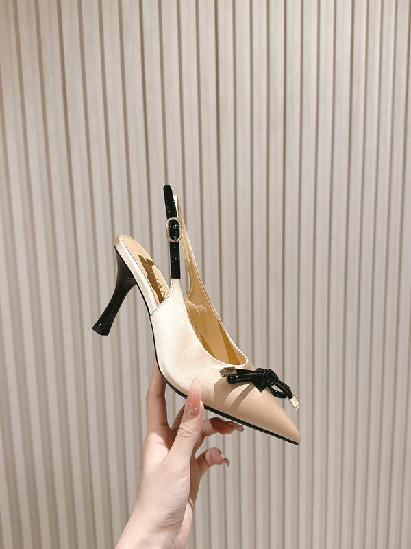 CC 25ss Bow Tie Slingbacks 85mm Beige Satin & Patent Leather 447413