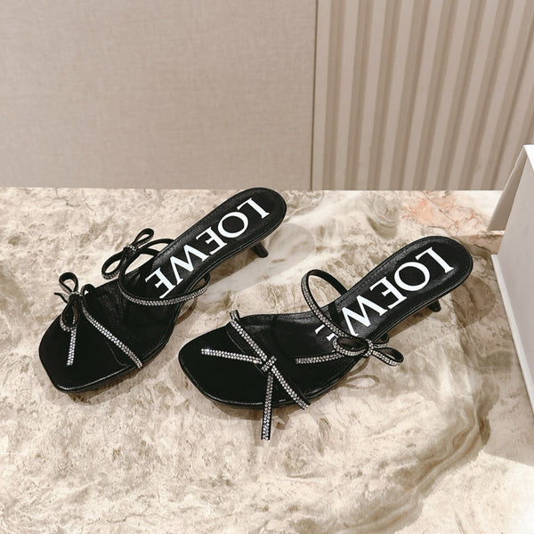 Loewe 25 Petal Bow Sandals Black Cowhide PVC