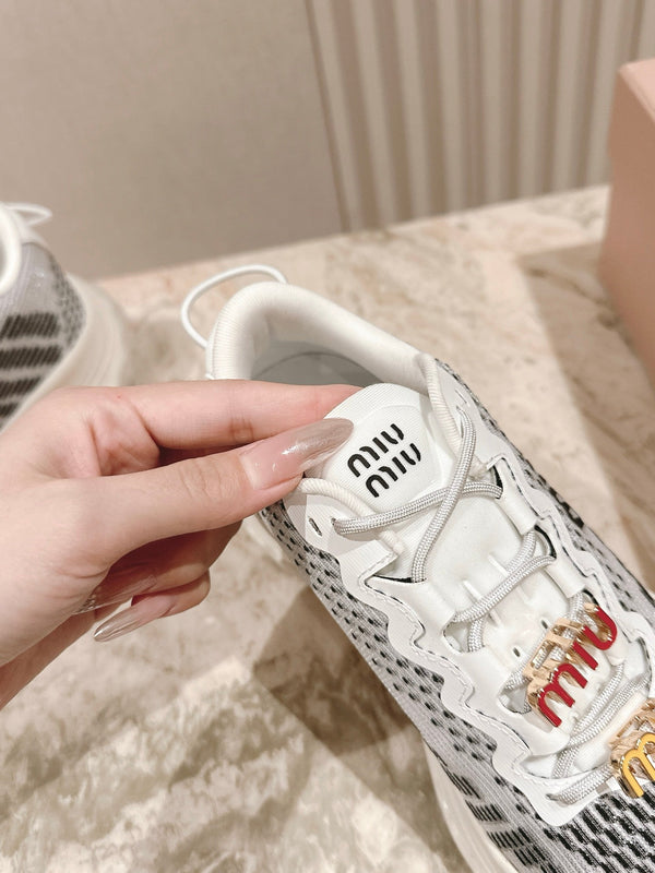 Miu Technical Sneakers White Black Cowhide Fabric 445808