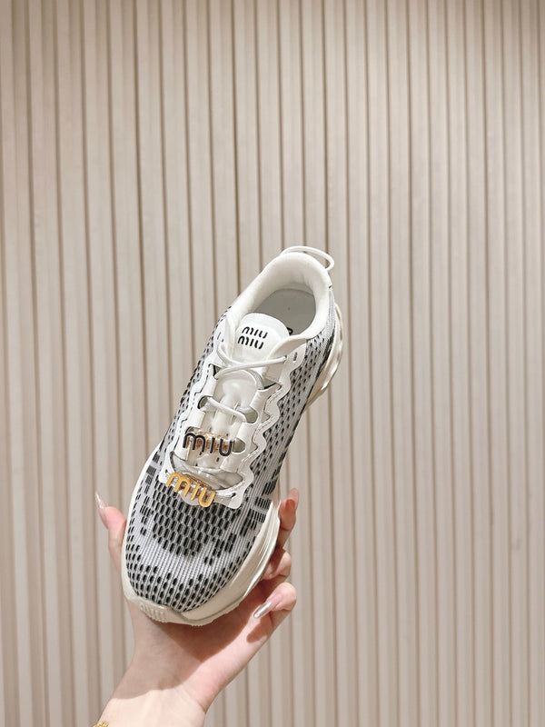 Miu Technical Sneakers White Black Cowhide Fabric 445808