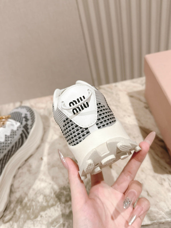 Miu Technical Sneakers White Black Cowhide Fabric 445808