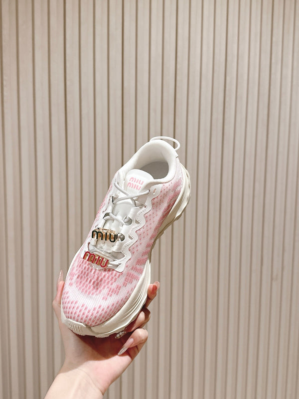 Miu Technical Sneakers White Light Pink Cowhide Fabric 445809