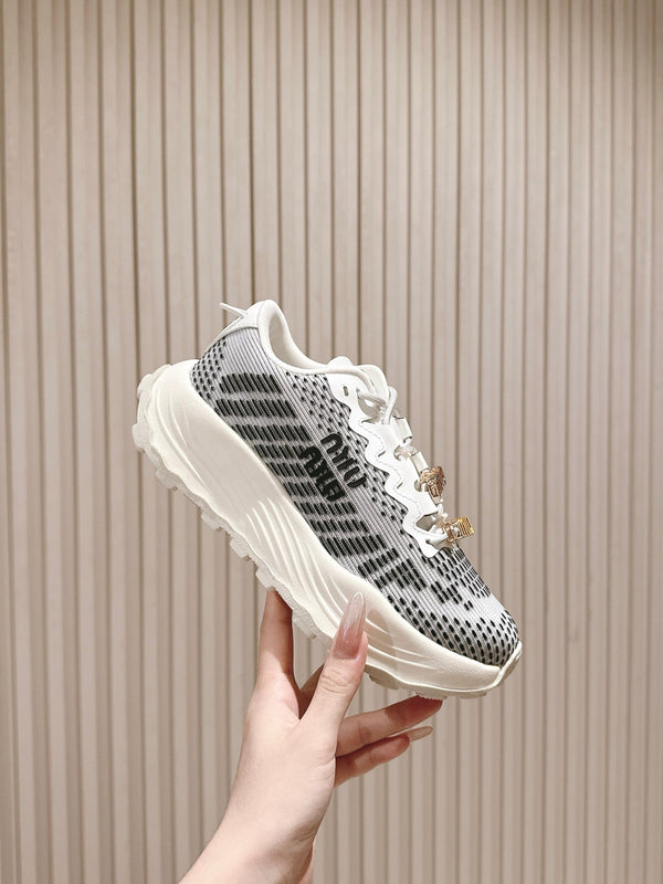 Miu Technical Sneakers White Black Cowhide Fabric 445808