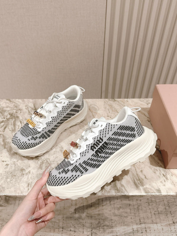 Miu Technical Sneakers White Black Cowhide Fabric 445808