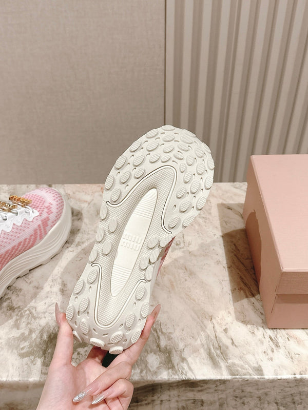 Miu Technical Sneakers White Light Pink Cowhide Fabric 445809