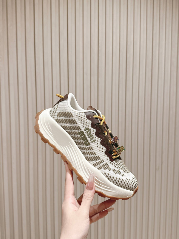 Miu Technical Sneakers White Olive Cowhide Fabric 445811