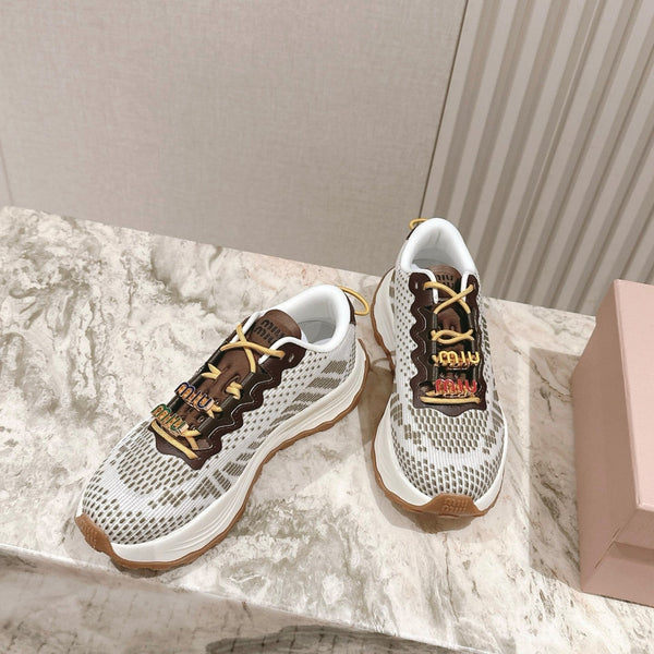 Miu Technical Sneakers White Olive Cowhide Fabric 445811
