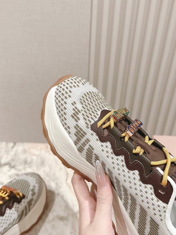 Miu Technical Sneakers White Olive Cowhide Fabric 445811