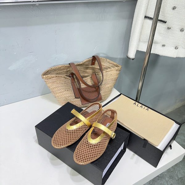 Alaia 25 Laminated Fishnet Ballet Flats Gold Lambskin 576441