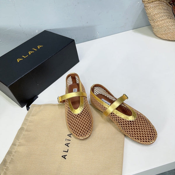 Alaia 25 Laminated Fishnet Ballet Flats Gold Lambskin 576441