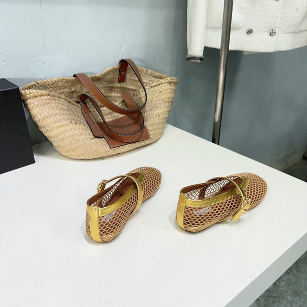 Alaia 25 Laminated Fishnet Ballet Flats Gold Lambskin 576441