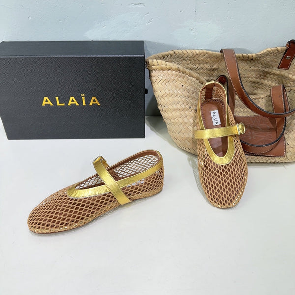 Alaia 25 Laminated Fishnet Ballet Flats Gold Lambskin 576441