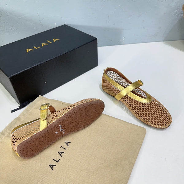Alaia 25 Laminated Fishnet Ballet Flats Gold Lambskin 576441