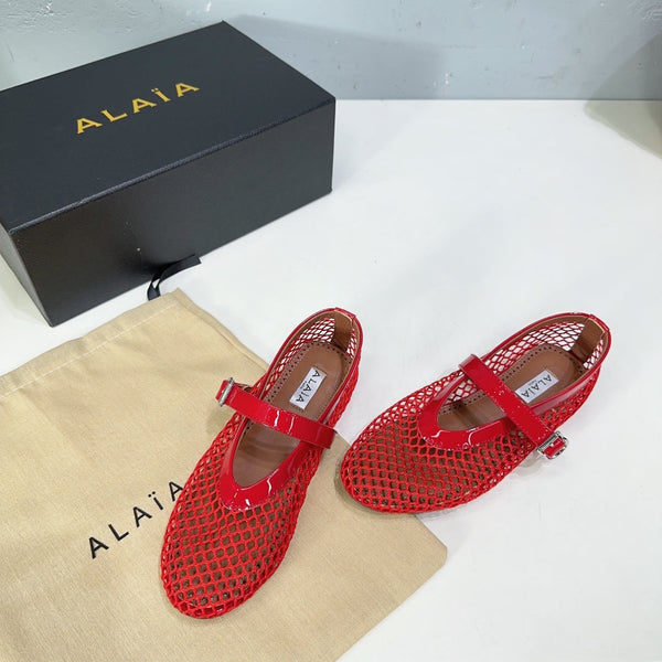 Alaia 25 Laminated Fishnet Ballet Flats Red Lambskin 576443