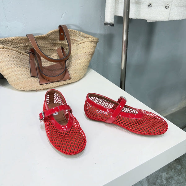 Alaia 25 Laminated Fishnet Ballet Flats Red Lambskin 576443