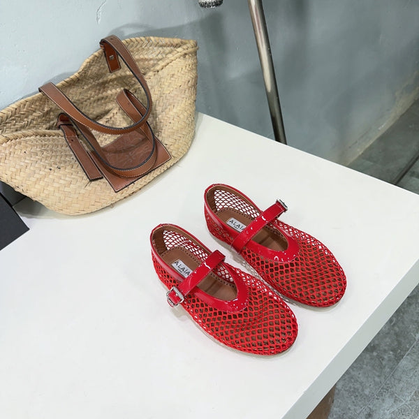 Alaia 25 Laminated Fishnet Ballet Flats Red Lambskin 576443