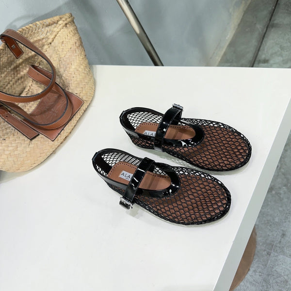 Alaia 25 Laminated Fishnet Ballet Flats Black Lambskin 576444