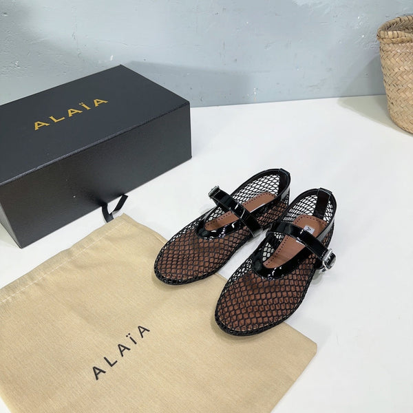 Alaia 25 Laminated Fishnet Ballet Flats Black Lambskin 576444