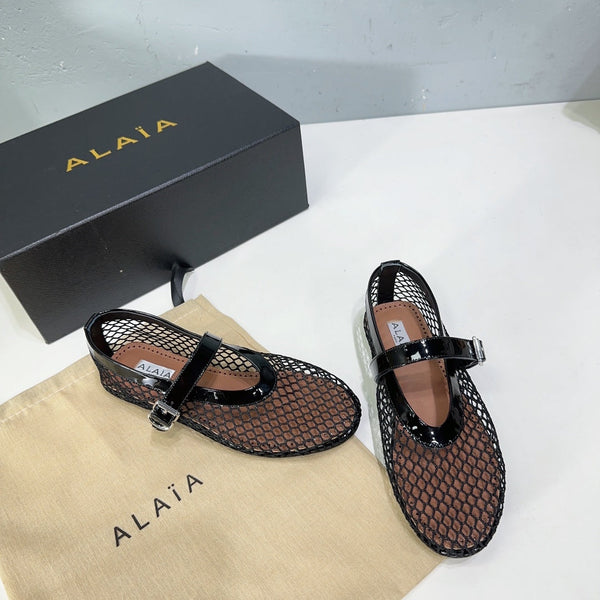 Alaia 25 Laminated Fishnet Ballet Flats Black Lambskin 576444