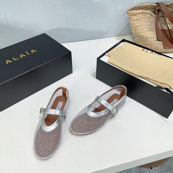 Alaia 25 Laminated Fishnet Ballet Flats Silver Lambskin 677174