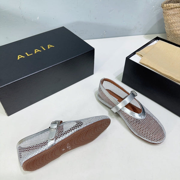 Alaia 25 Laminated Fishnet Ballet Flats Silver Lambskin 677174