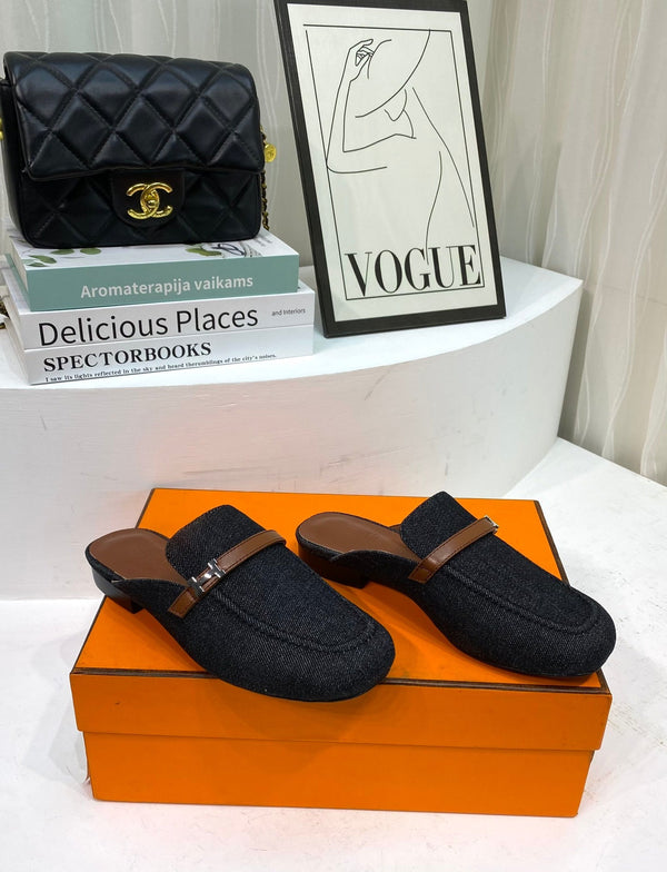 IENA MULE TELA NERA E PELLE DI VITELLO MARRONE